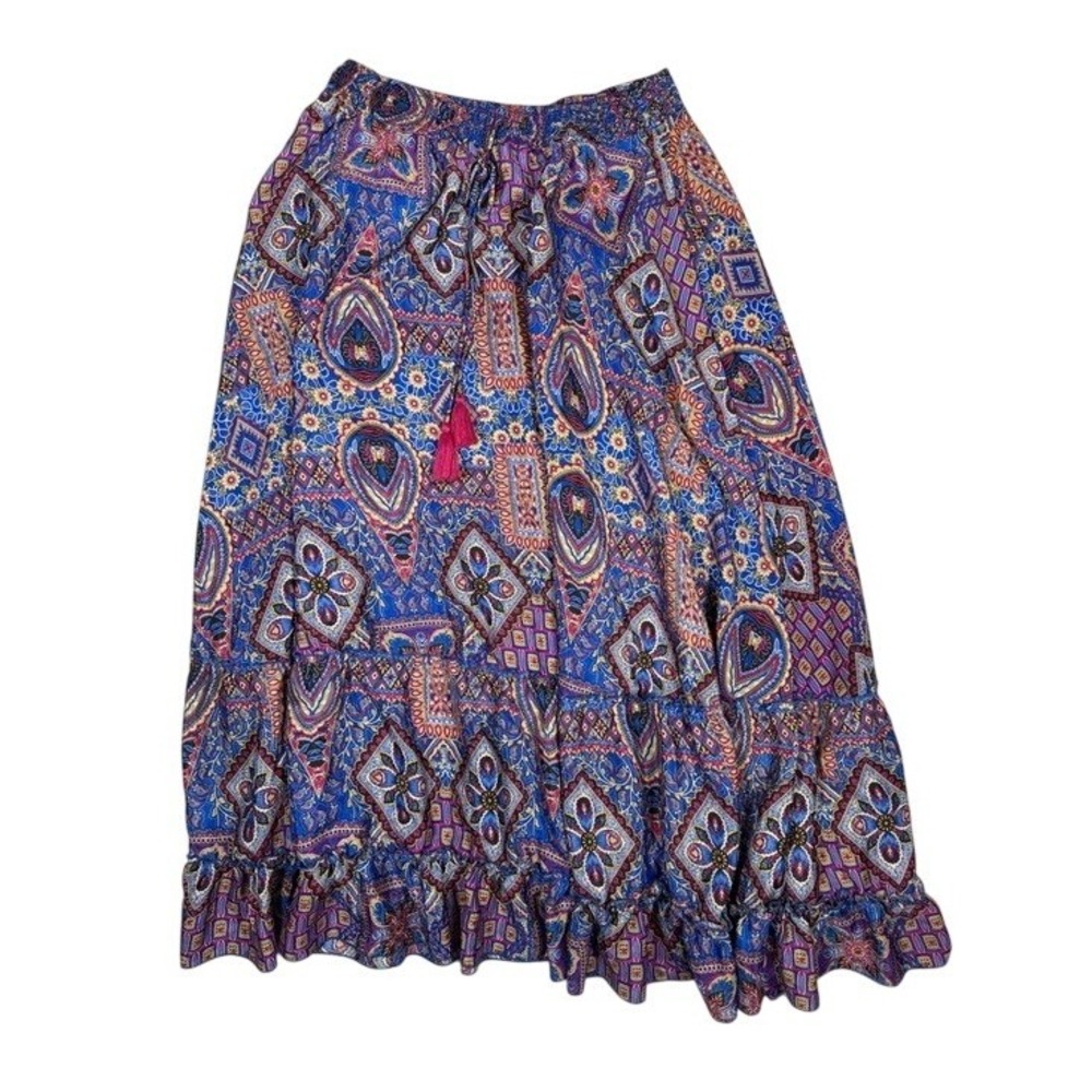 Chelsea & Theodore Blue Paisley‎ Boho Maxi Skirt Smocked Waist Tassel Large